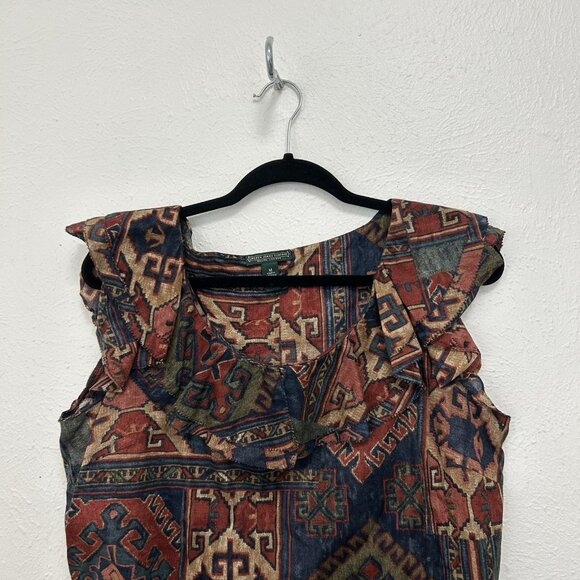 VTG Lauren Ralph Lauren Brown Colorful Aztec Native Ruffle Blouse Sleeveless M - Picture 3 of 10